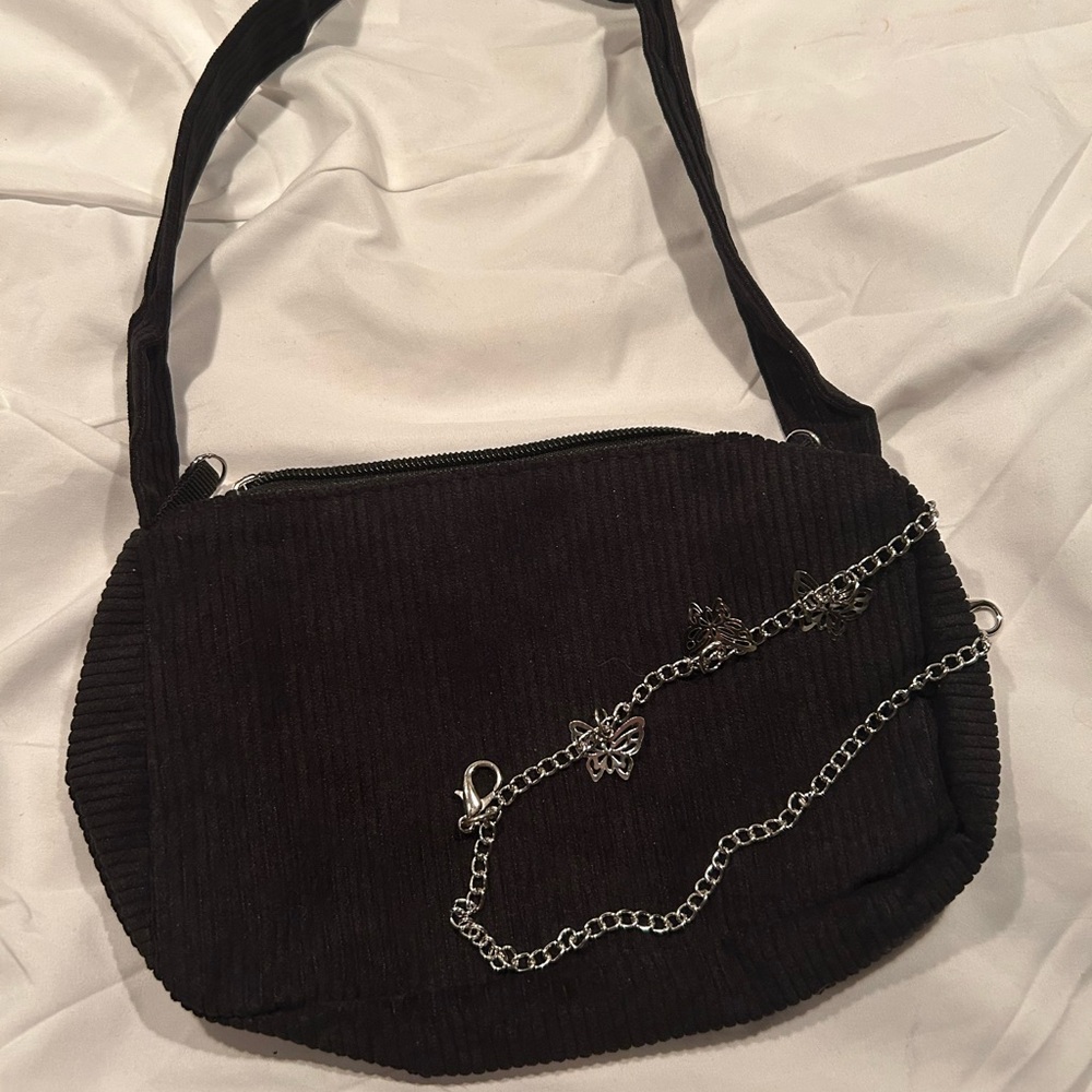 Chic Black Corduroy Shoulder Bag with Butterfly Necklace Accessory